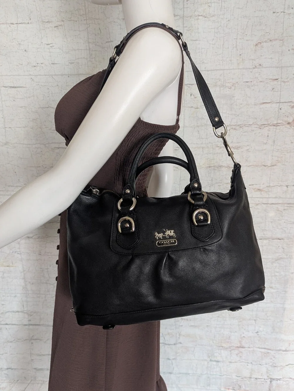 Coach Black Leather Satchel with Detachable Shoulder Strap